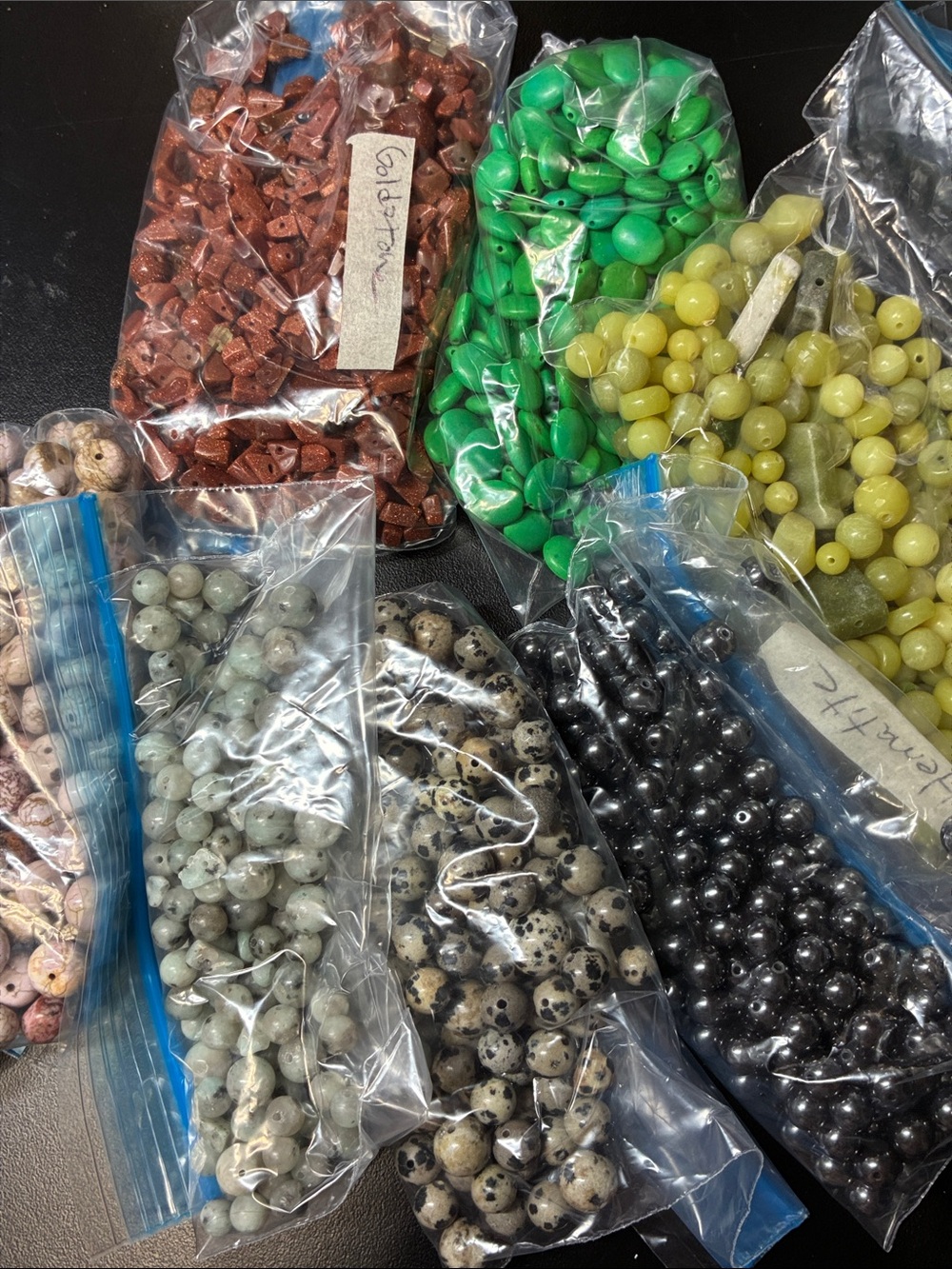 Lot 2+ pounds of assorted gemstone Beads Green, Yellow, Black, Speckled, pink